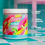 Etiqueta de Alani Nu con lista de ingredientes y contenido de 200 mg cafeína, beneficio transparencia