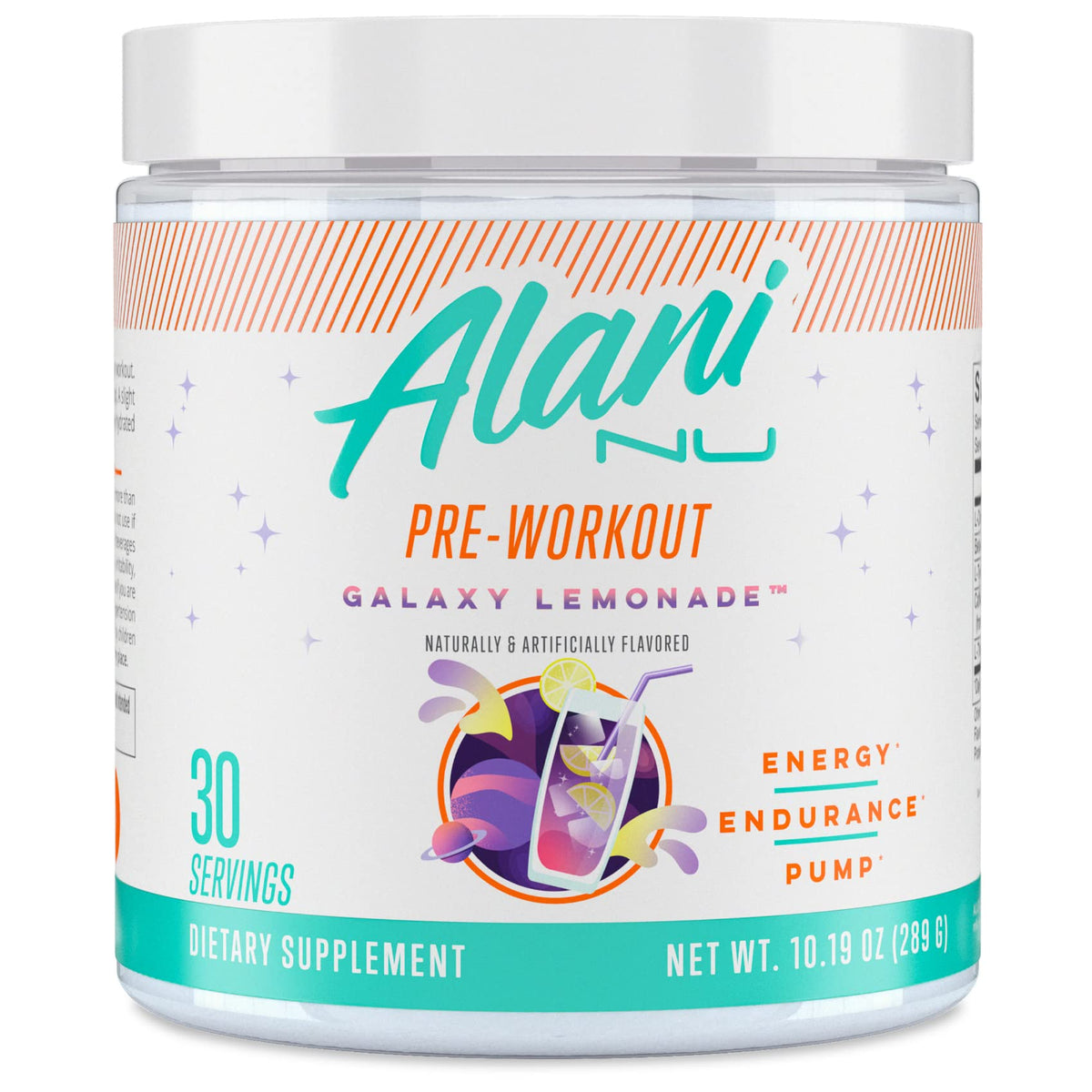 Alani Nu frente del envase GLAXAY Lemonade que muestra el diseño y 30 servicios