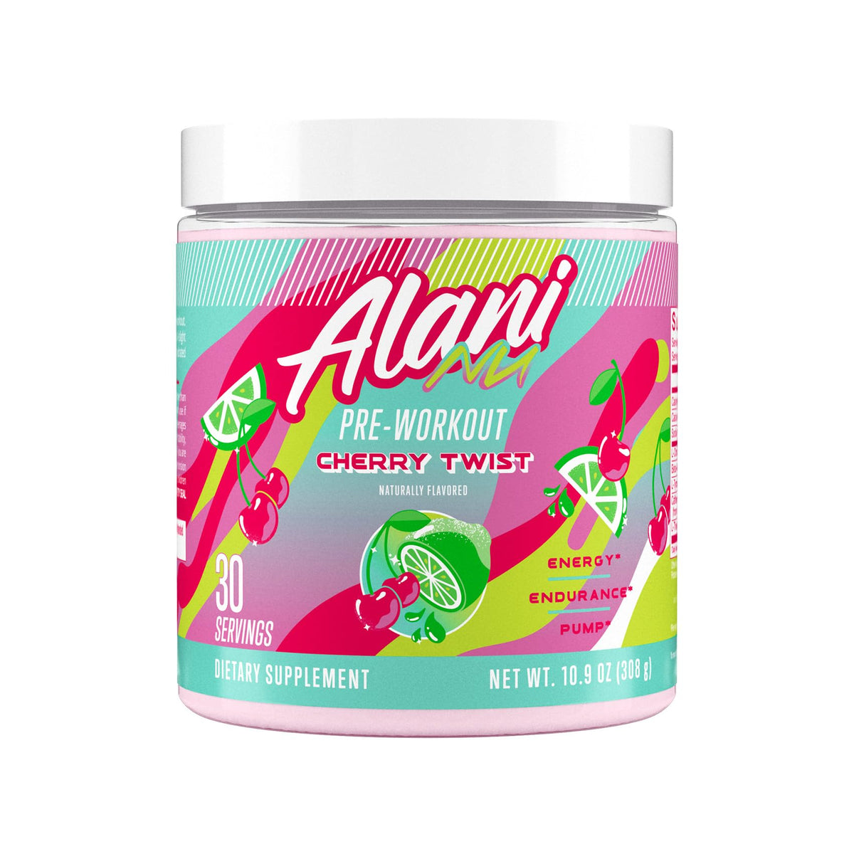 Alani Nu envase frontal Cherry Twist mostrando diseño y porciones, beneficio claridad de uso