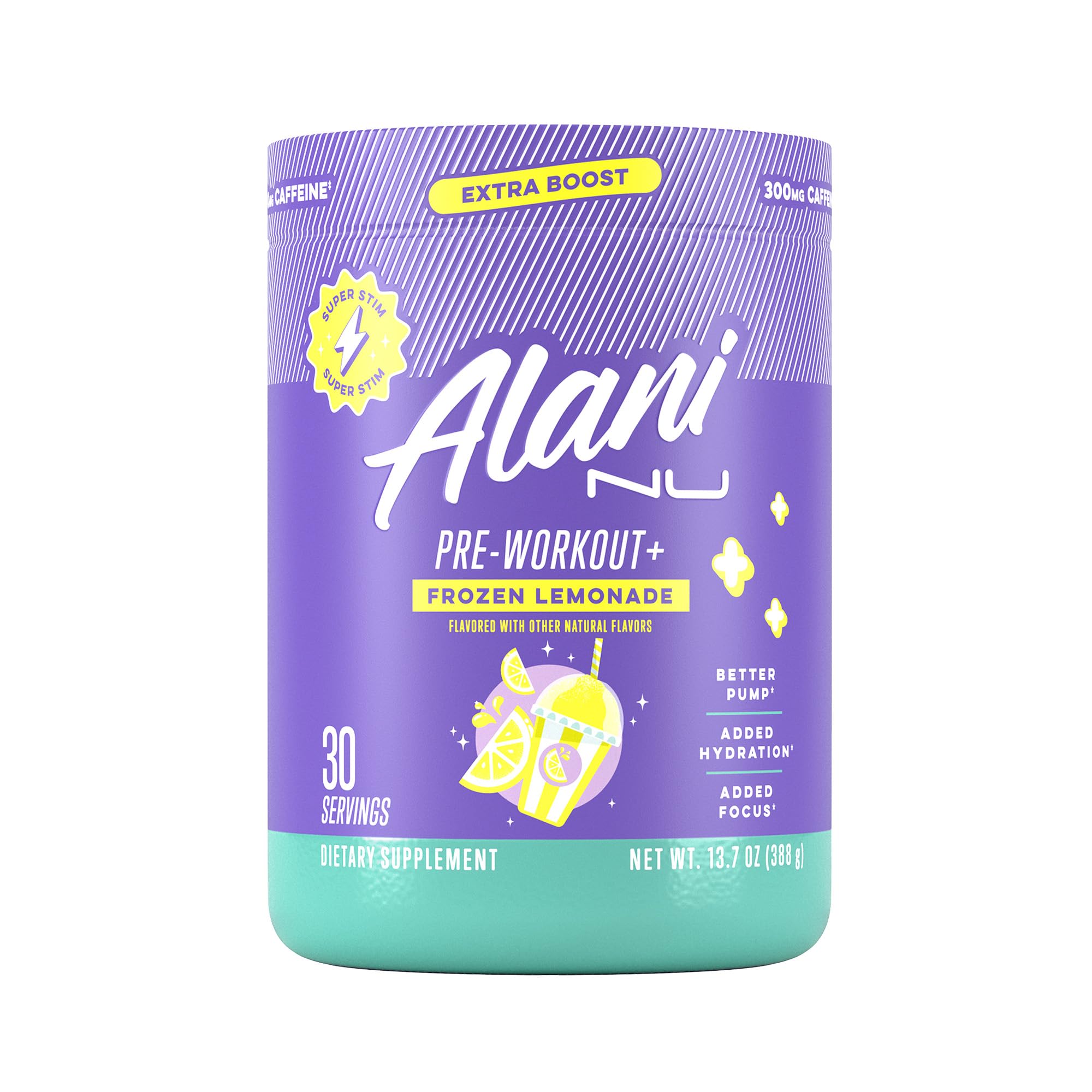 Alani Nu frasco frontal del pre workout Frozen Lemonade, atractivo y clarificador