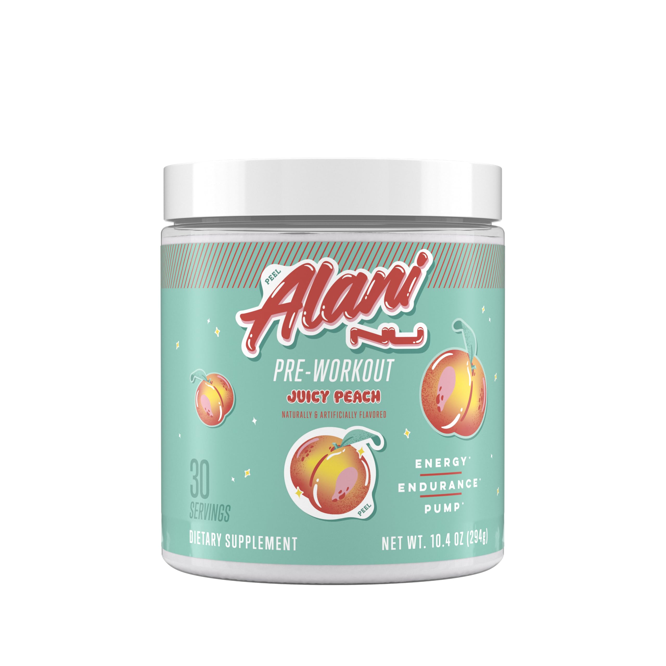Alani Nu envase frontal Juicy Peach mostrando etiqueta clara y beneficios
