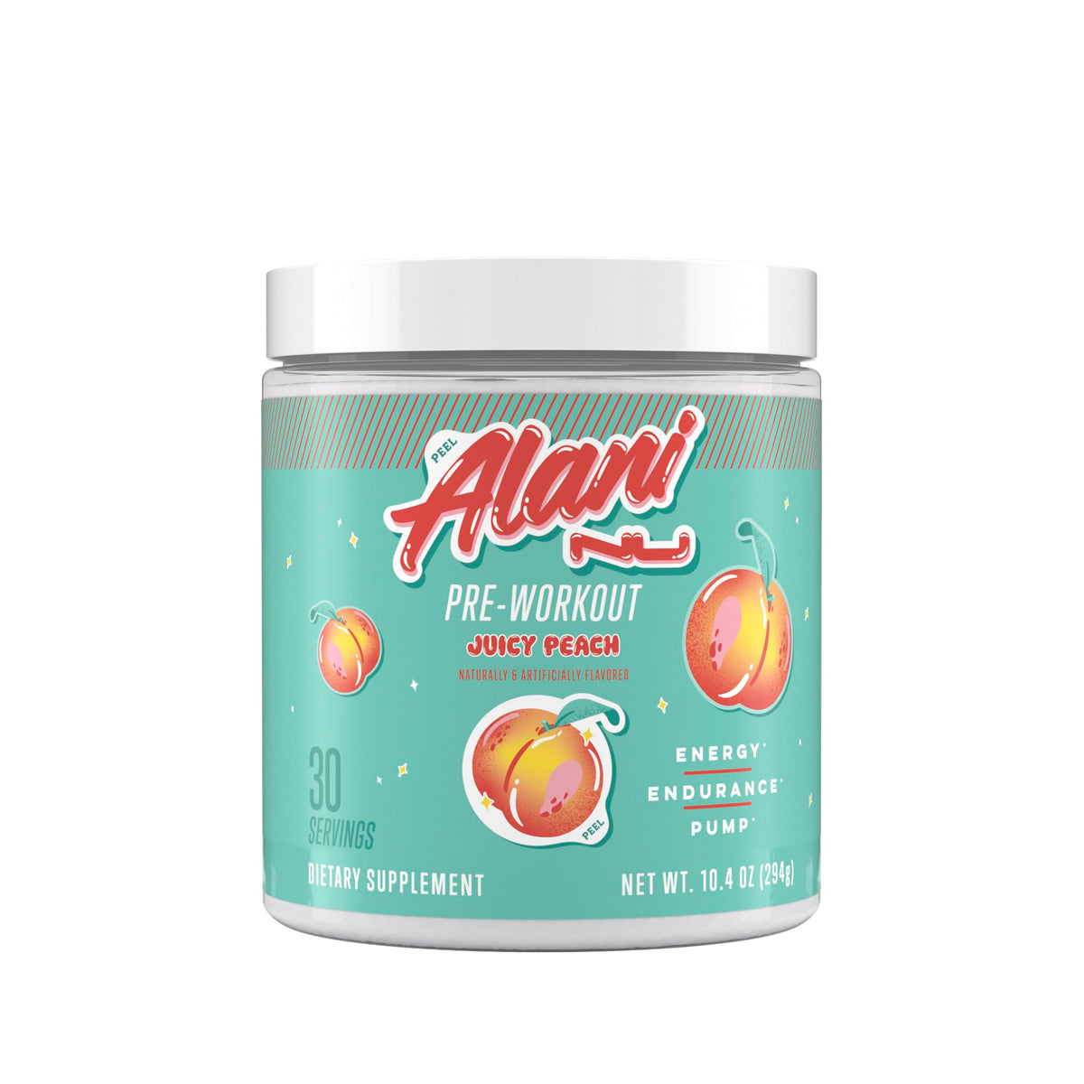 Alani Nu envase frontal Juicy Peach mostrando etiqueta clara y beneficios