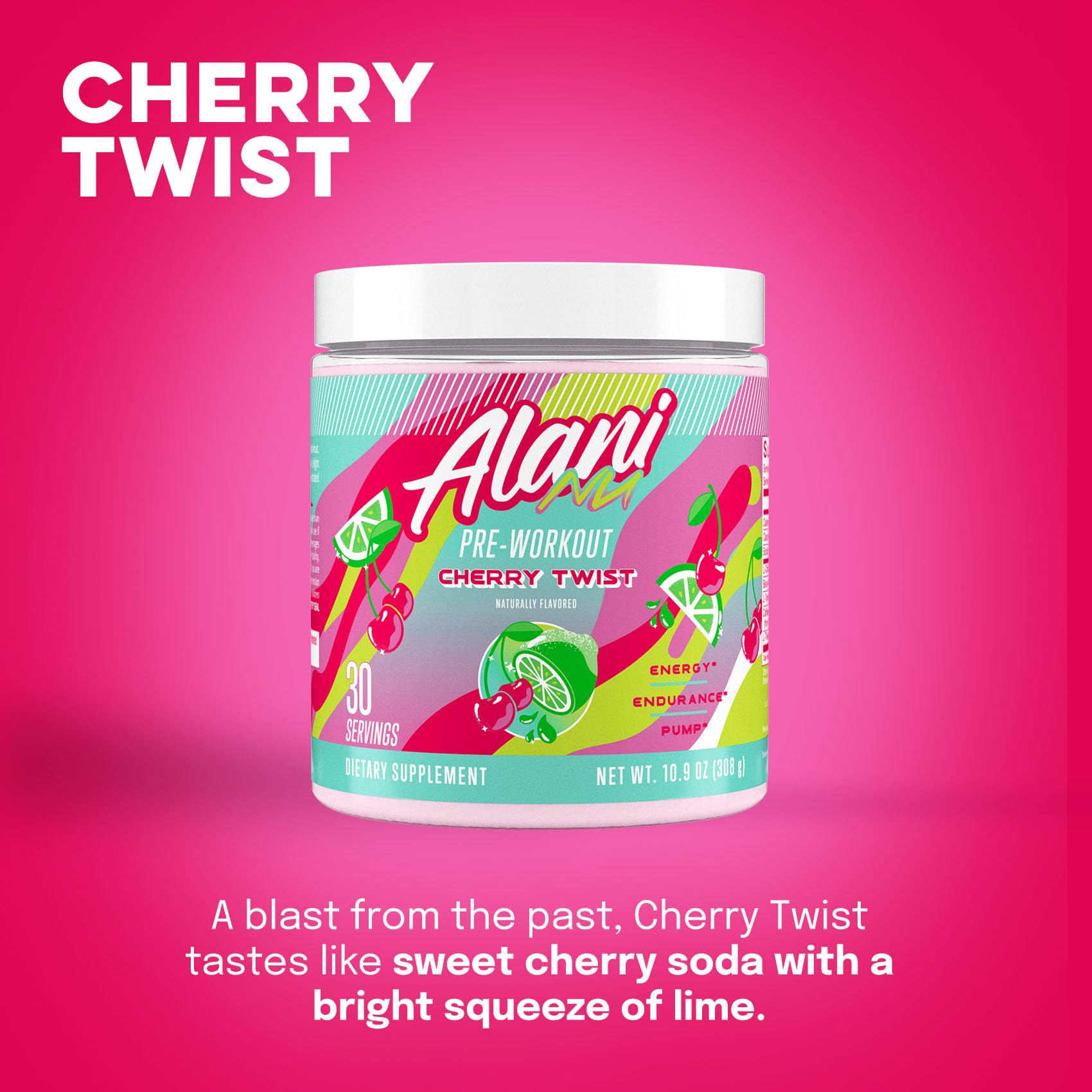 Vaso con bebida Alani Nu Cherry Twist lista para beber, beneficio energía preentreno