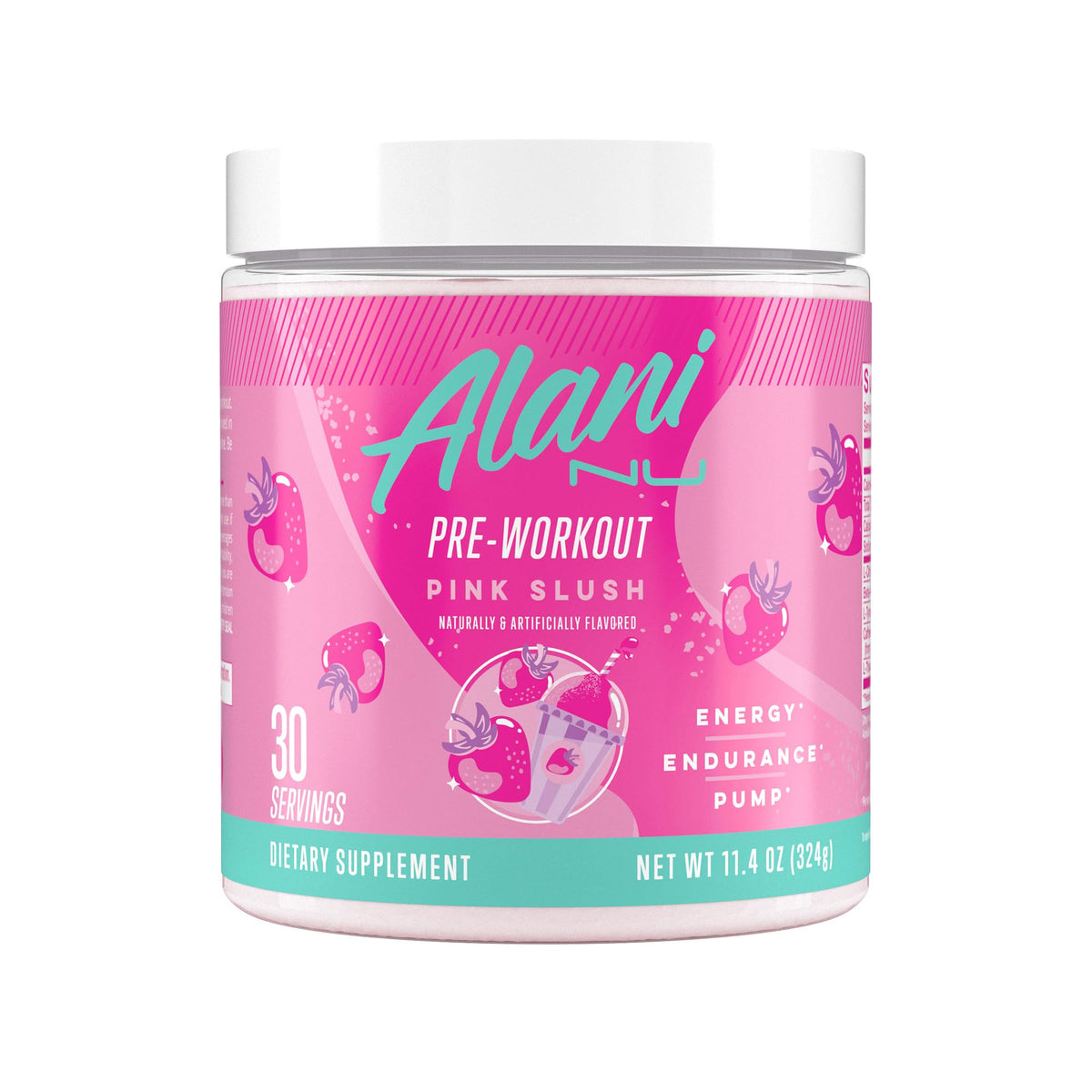 Alani Nu frente del envase mostrando sabor Pink Slush y beneficios energéticos