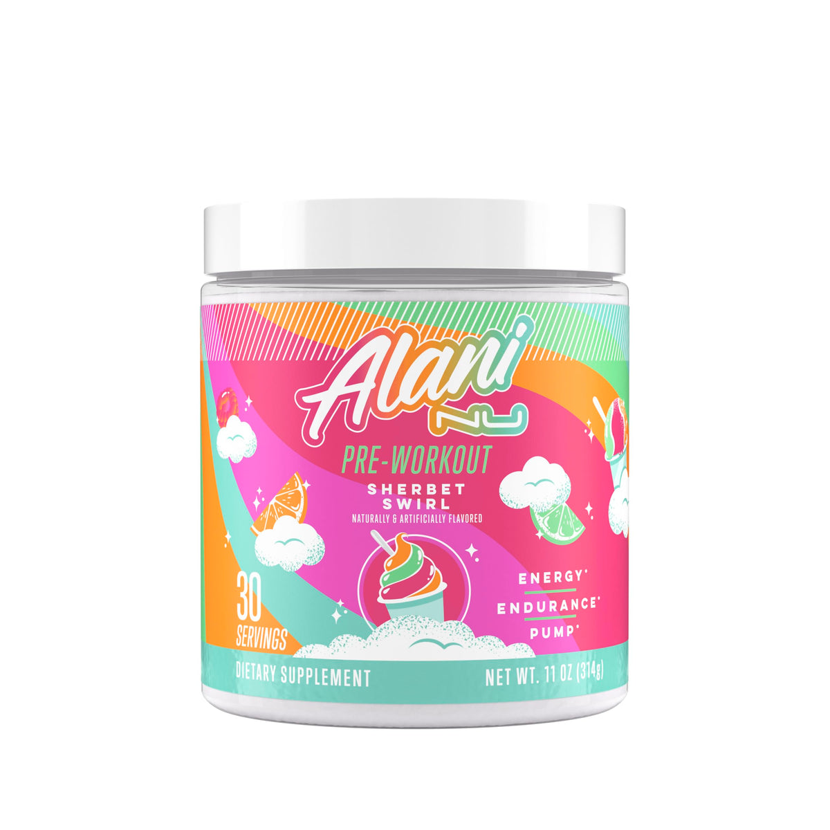Alani Nu bote frontal del preworkout Sherbet Swirl mostrando diseño y sabor atractivo
