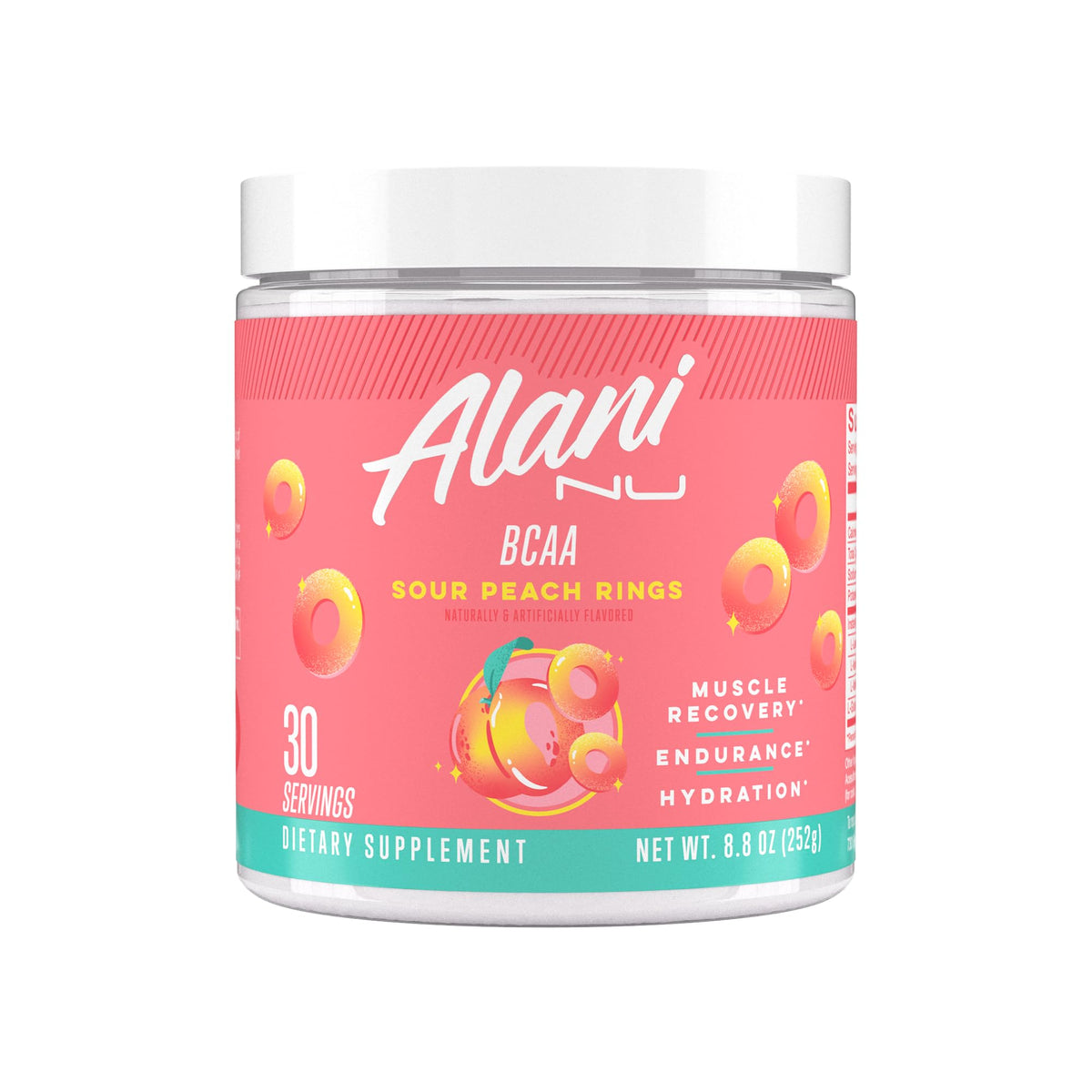 Alani Nu bote frontal con etiqueta clara y sabor Sour Peach Ring para identificación rápida