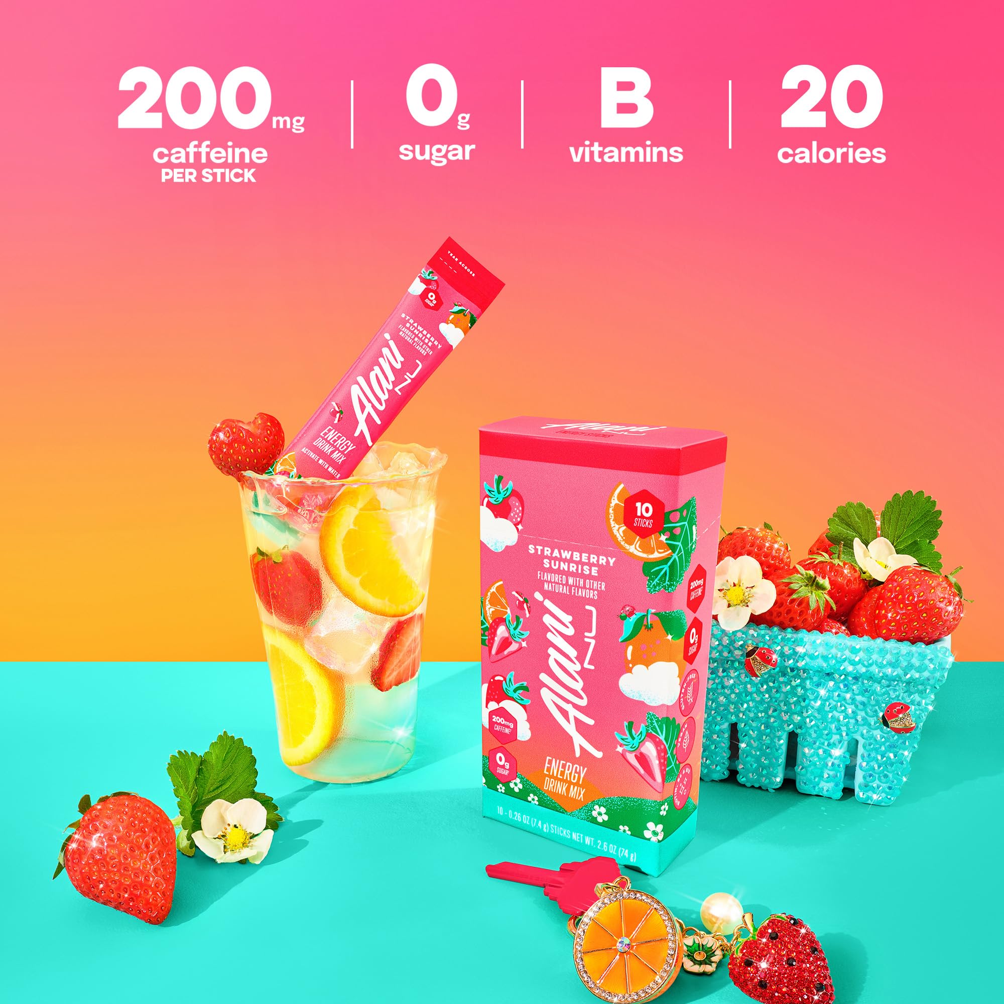 Alani Nu mezcla en vaso con color fresa y bebida refrescante al instante