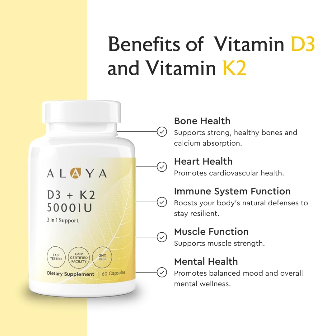 Alaya Naturals etiqueta nutricional cerca con D3 5000 IU y K2 MK-7