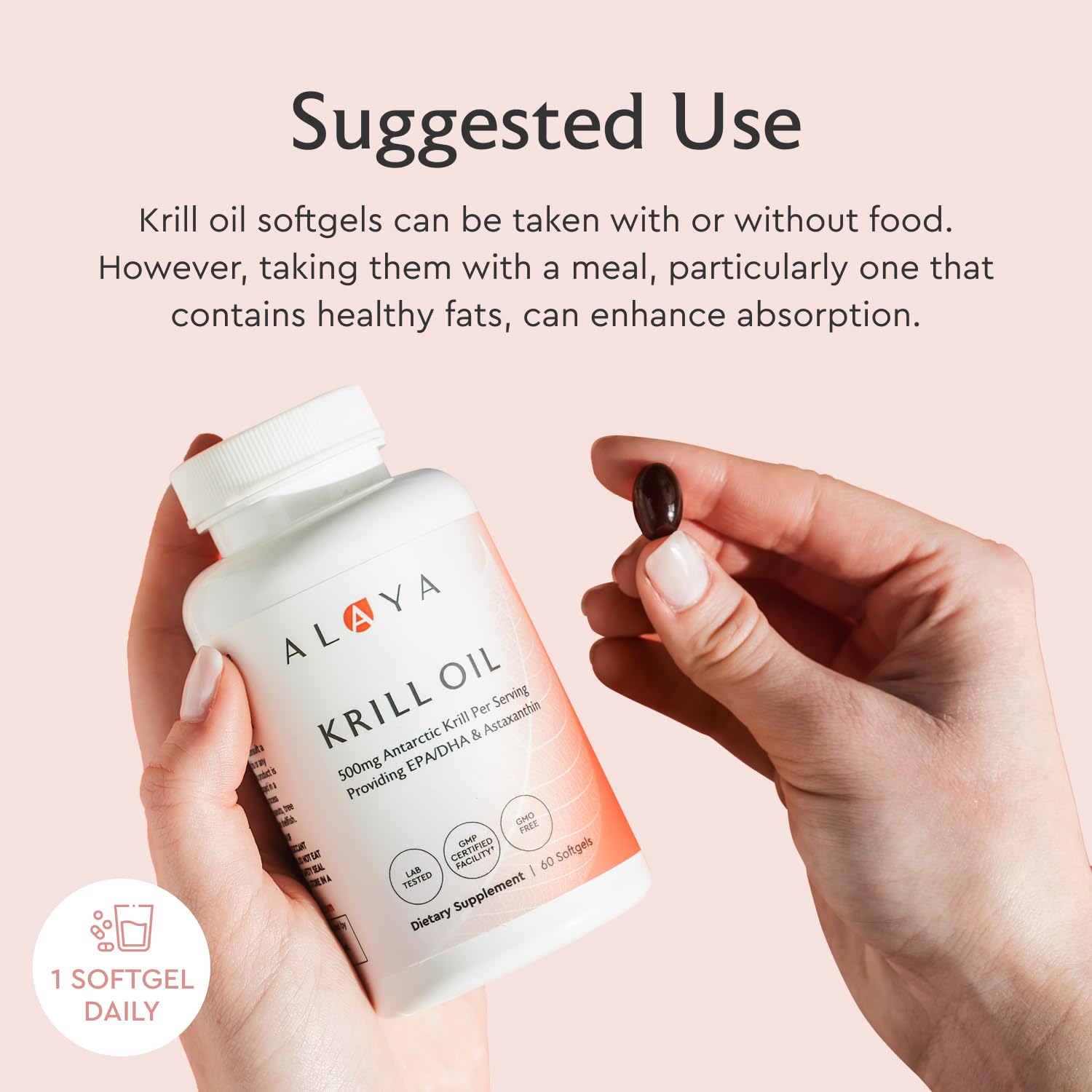 Alaya Naturals etiqueta nutricional destacando 500 mg por softgel