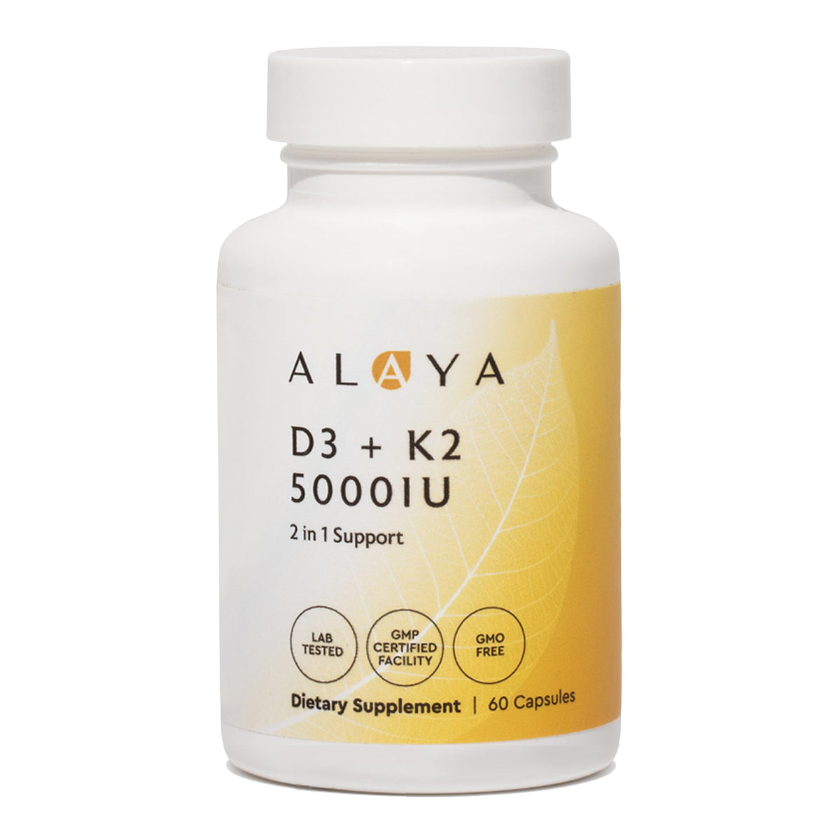 Alaya Naturals frasco frente mostrando diseño y conteo de 60 cápsulas
