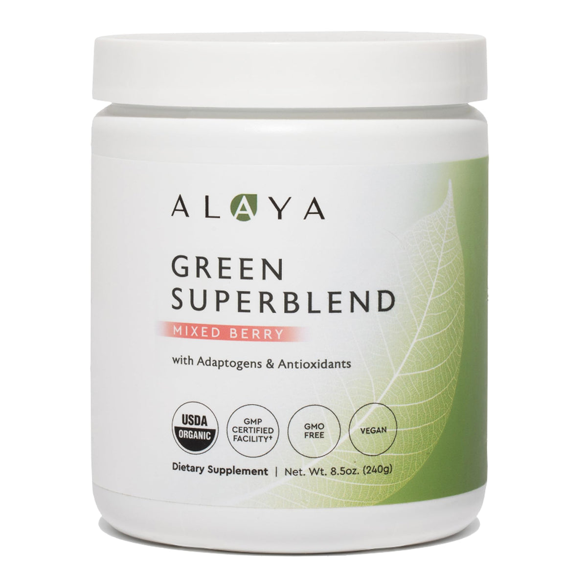 Alaya Naturals envase frontal mostrando sello USDA Organic y sabor Mixed Berry