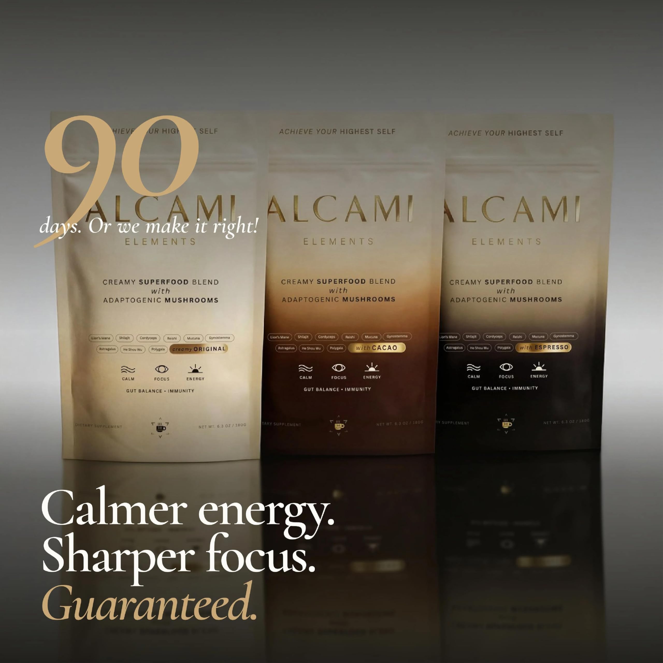 alcami elements primeros planos de Lion’s Mane, Cordyceps y Reishi como ingredientes