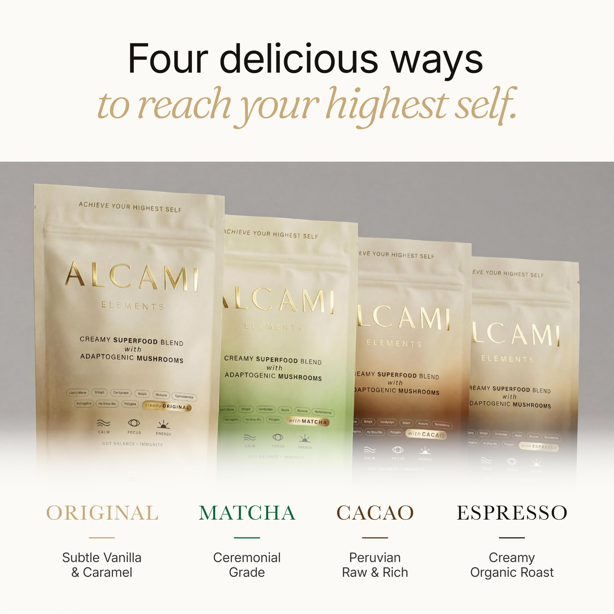 alcami elements ingredientes organizados en mesa mostrando hongos y adaptógenos naturales