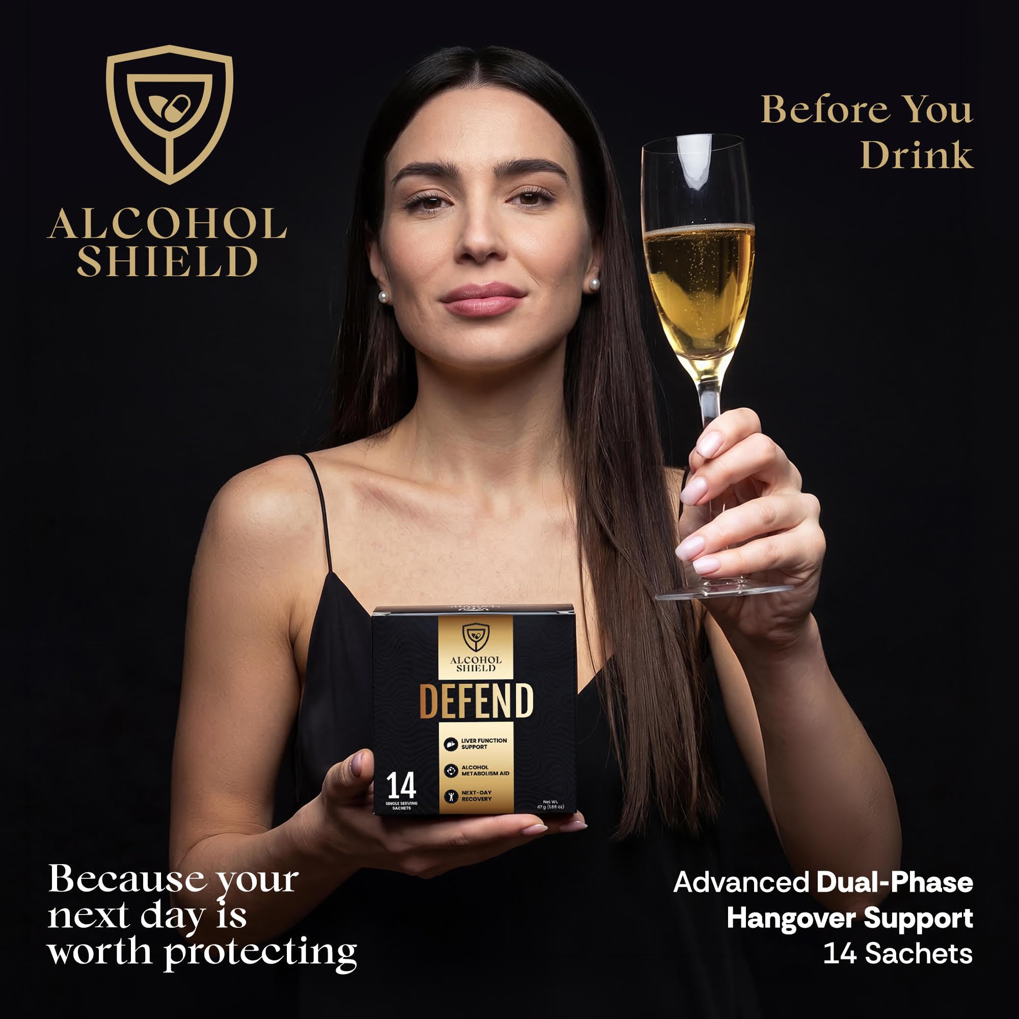 ALCOHOL SHIELD cápsulas dual‑fase detalle que muestra liberación escalonada