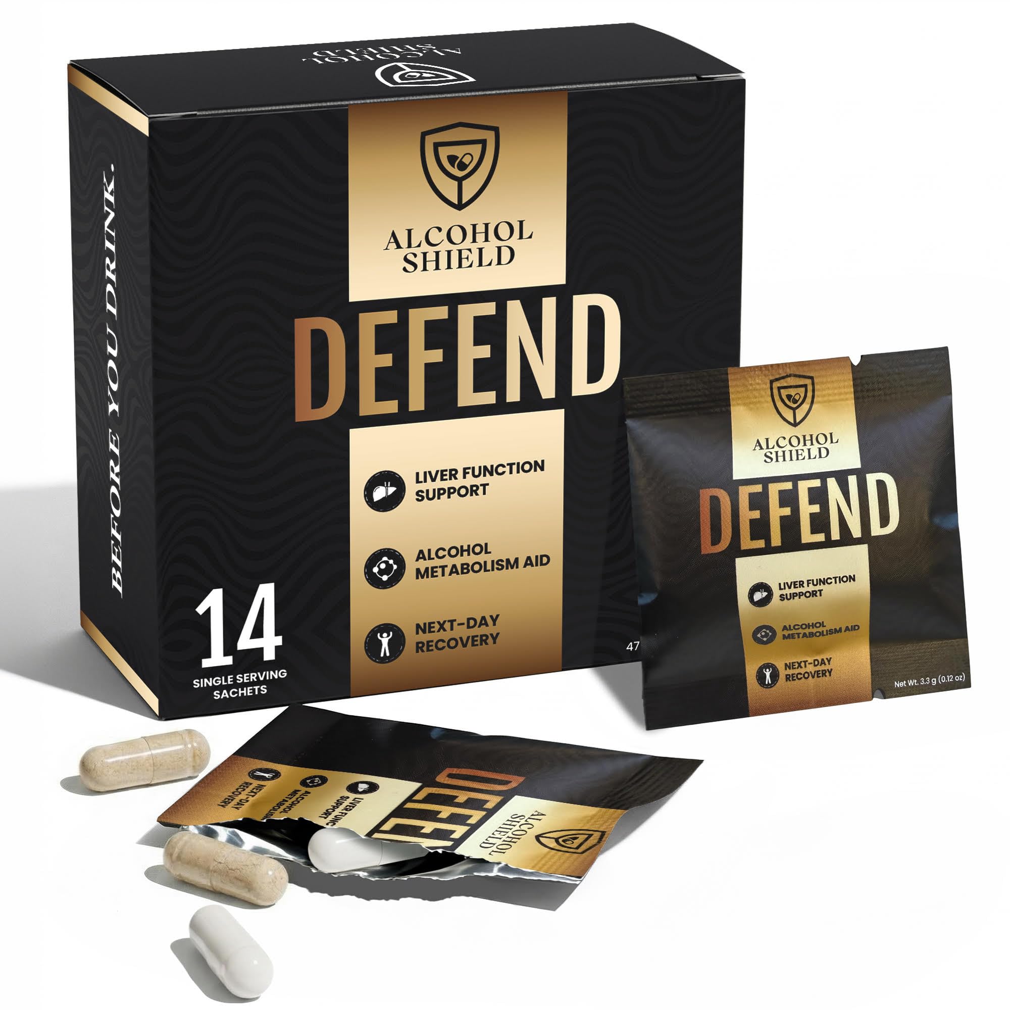 ALCOHOL SHIELD frente del paquete mostrando 14 sobres y diseño claro
