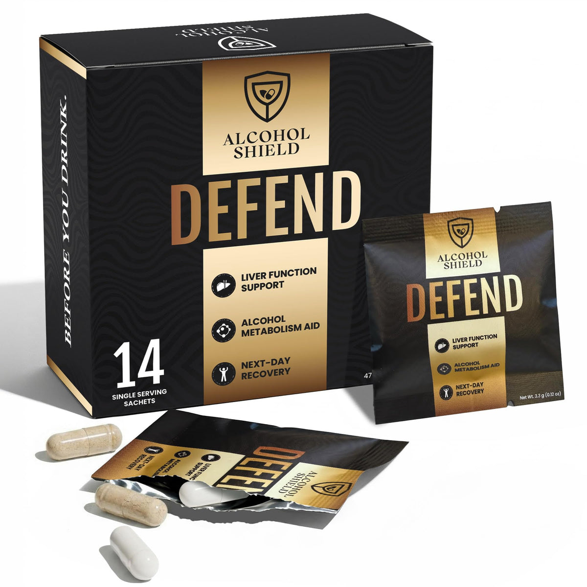 ALCOHOL SHIELD frente del paquete mostrando 14 sobres y diseño claro