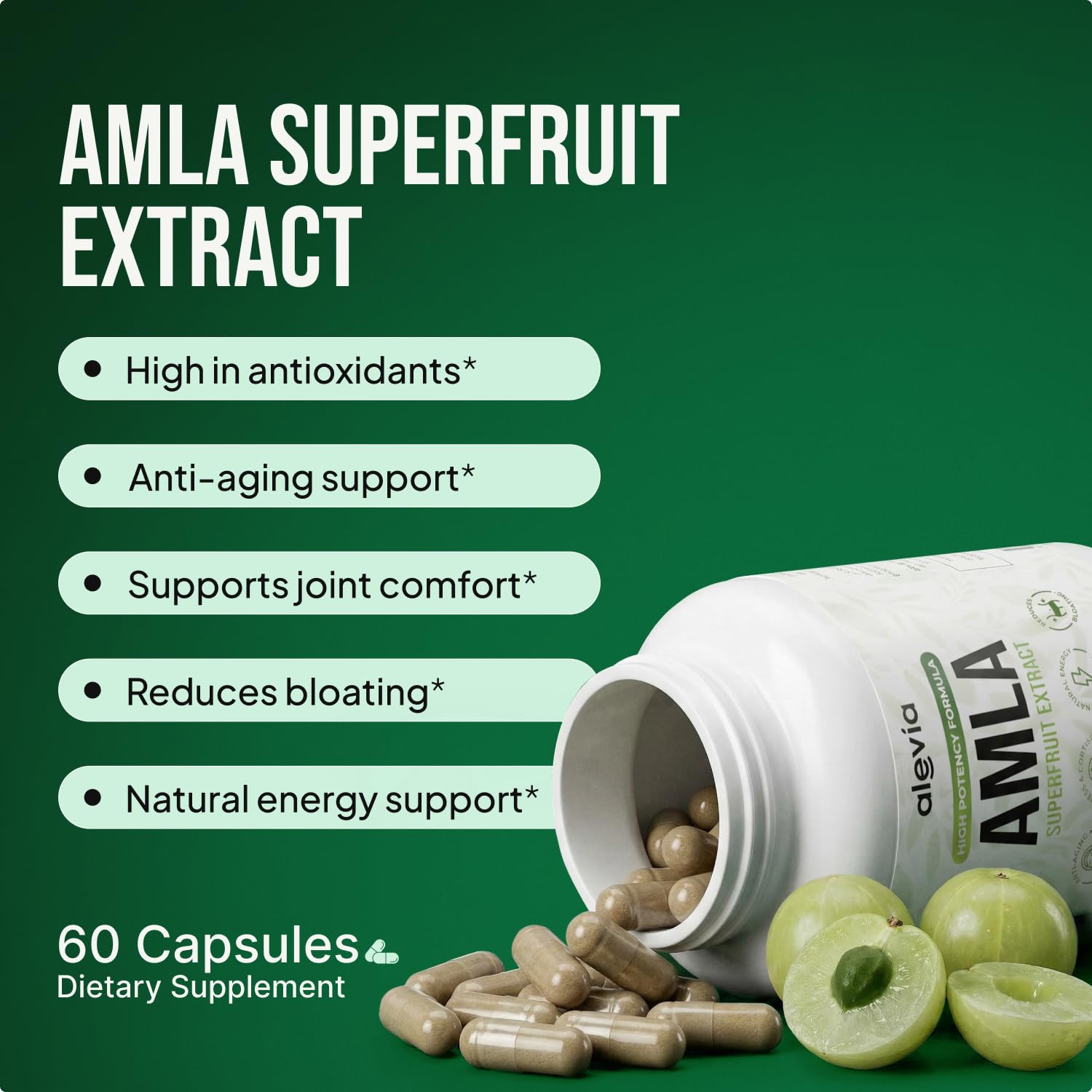 Alevia cápsulas de Amla Superfruit detalle de textura y apariencia vegana