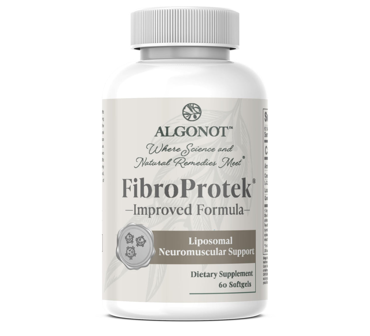Algonot FibroProtek envase frontal que muestra presentación de 60 cápsulas y beneficio de soporte nutricional