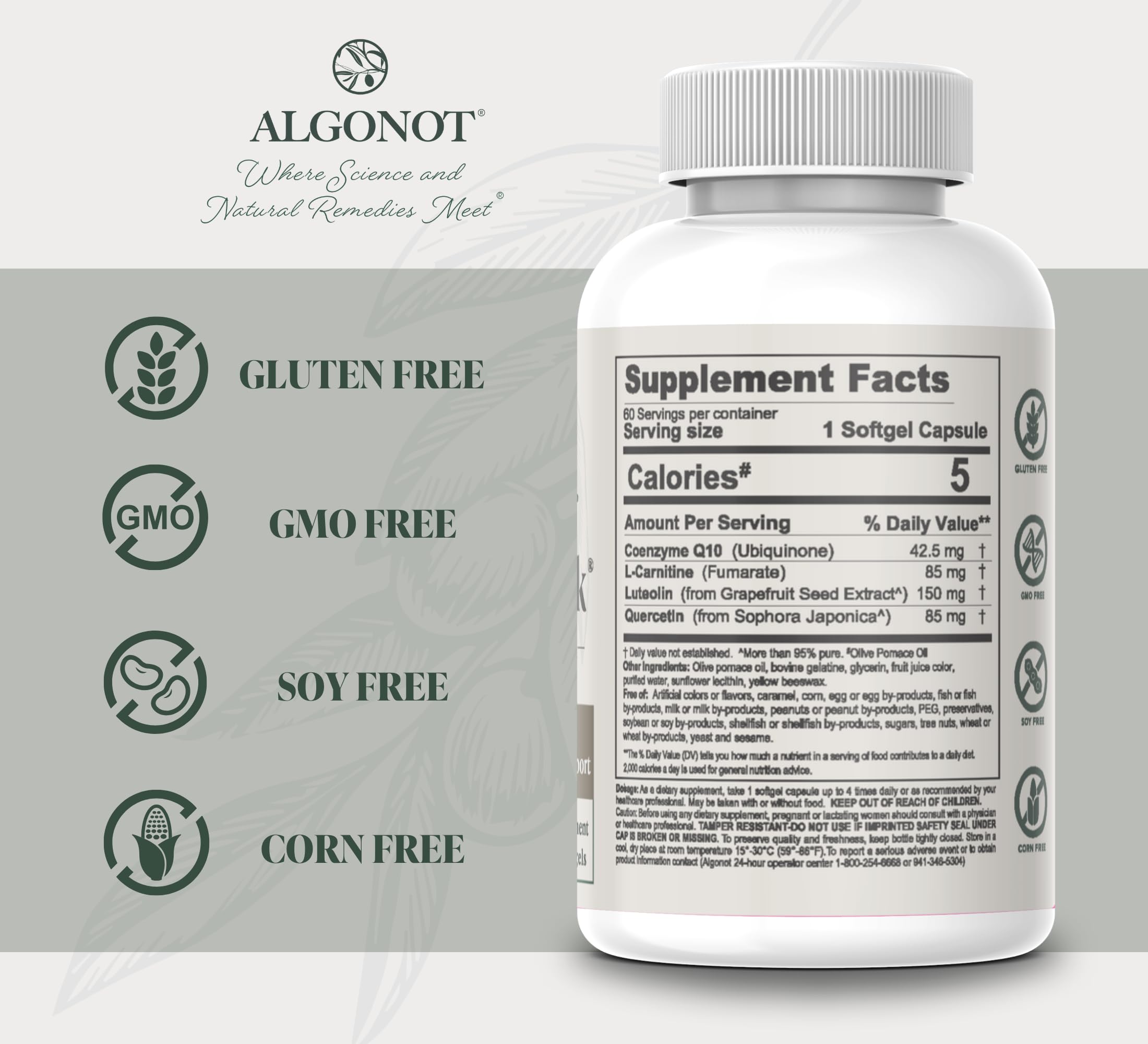 ingredientes clave de Algonot FibroProtek: luteolina, quercetina, CoQ10 y carnitina para apoyo celular