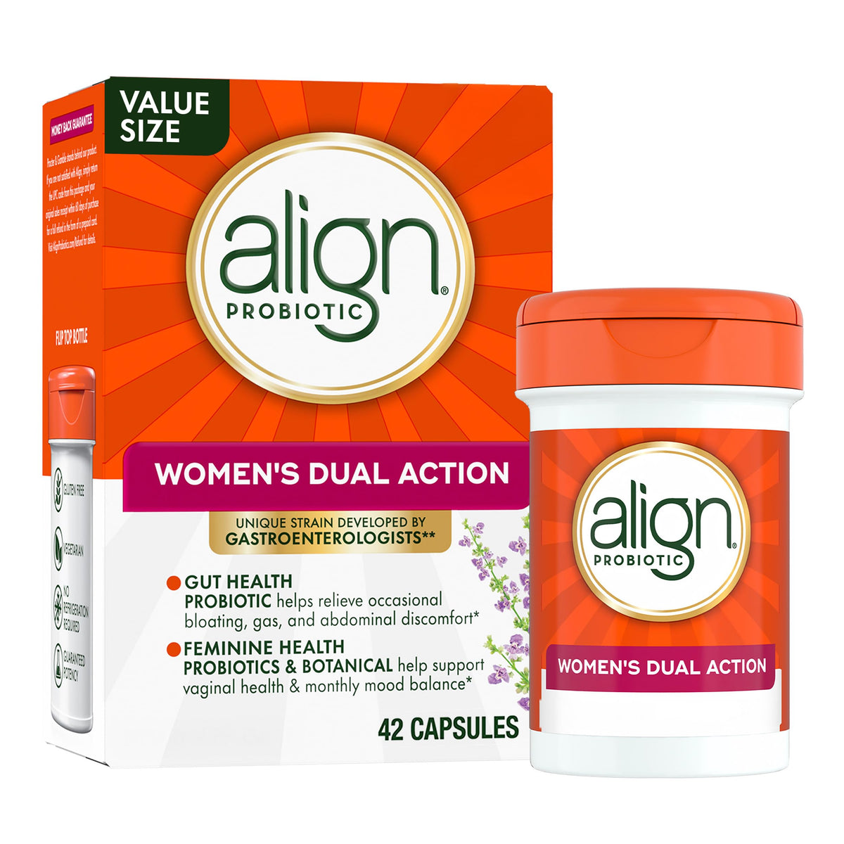 Align empaque frontal mostrando 42 cápsulas y beneficios para mujeres