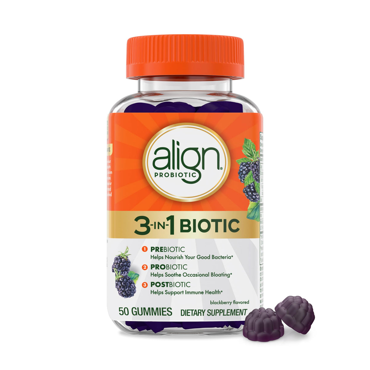 Align envase frontal mostrando 50 gomitas y beneficio de conveniencia diaria