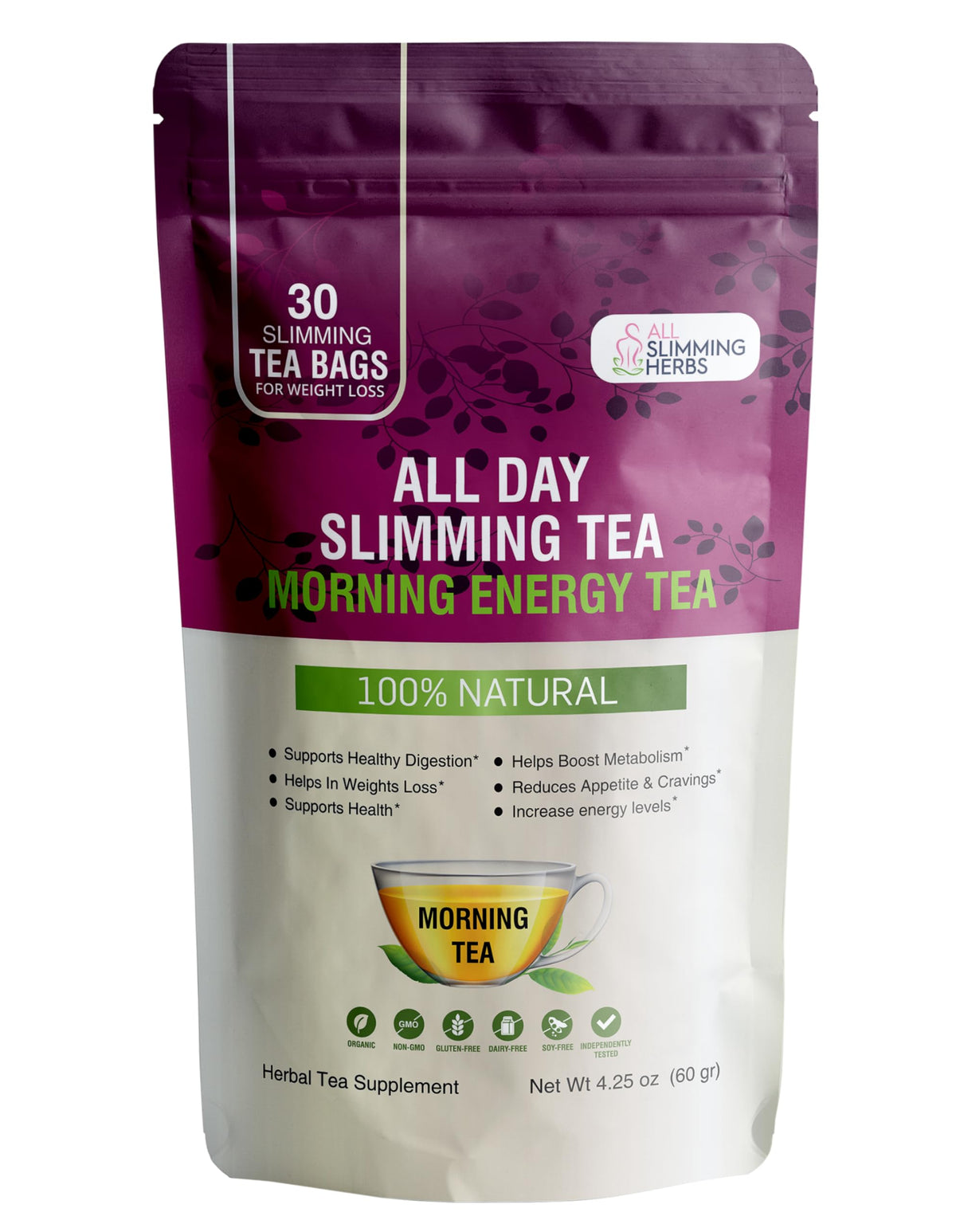 All SLIMMING HERBS frente del empaque mostrando bolsitas y beneficios