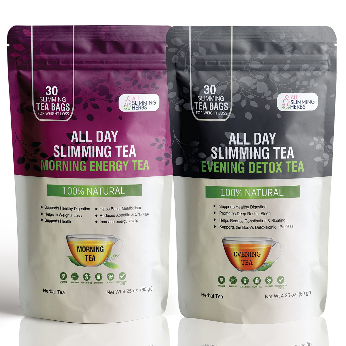 ALL SLIMMING HERBS pack frontal con 60 bolsas, presentación clara y confianza