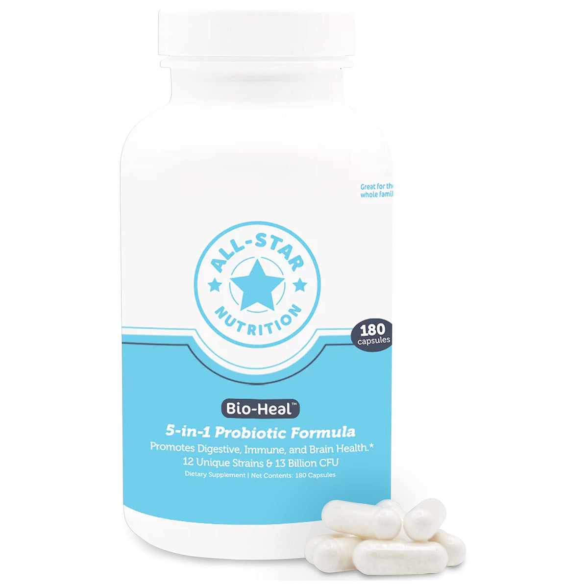 All-Star Nutrition frasco frontal mostrando etiqueta y beneficios