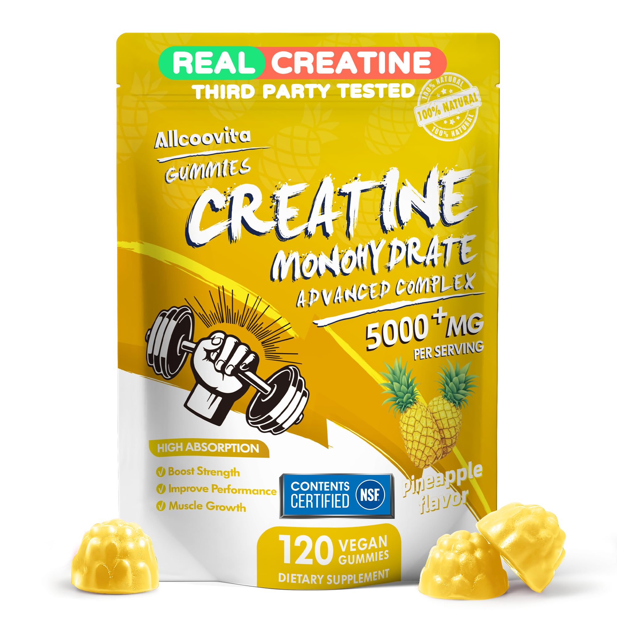 Allcoovita frasco delantero con gomitas sabor piña mostrando presentación