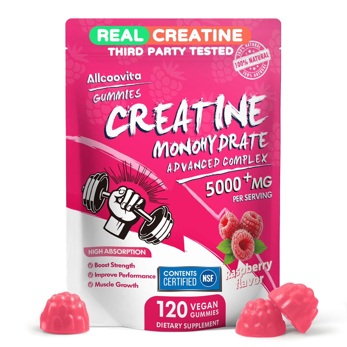 Allcoovita frasco frontal mostrando 120 gomitas y conveniencia