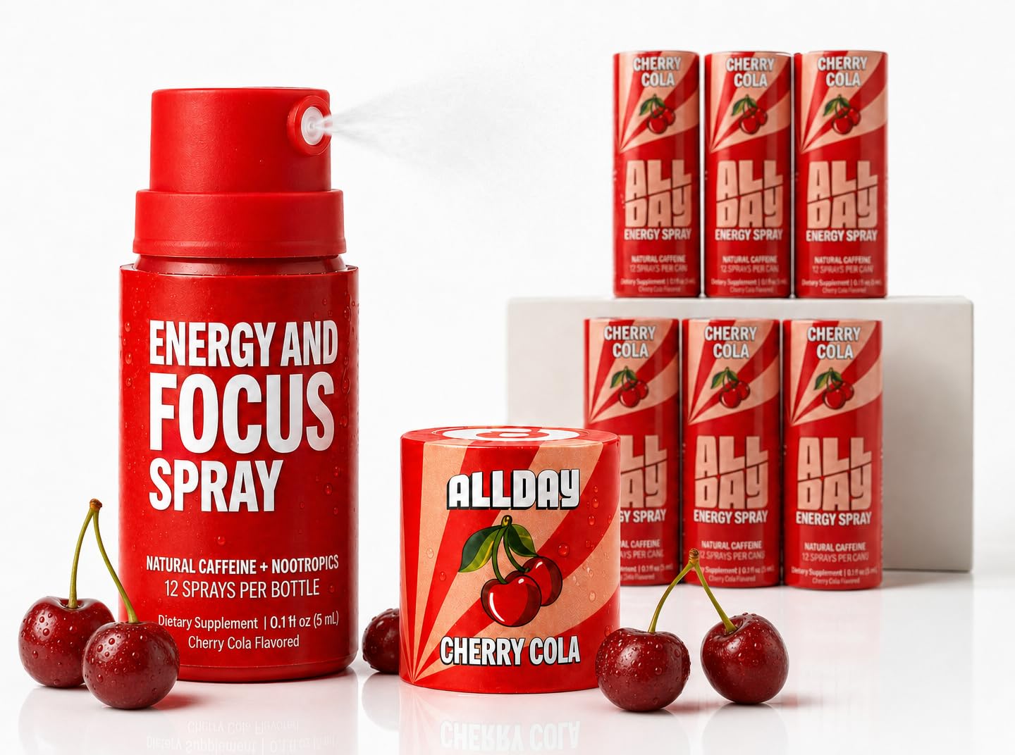 ALLDAY spray frontal botella Cherry Cola mostrando etiqueta y beneficios