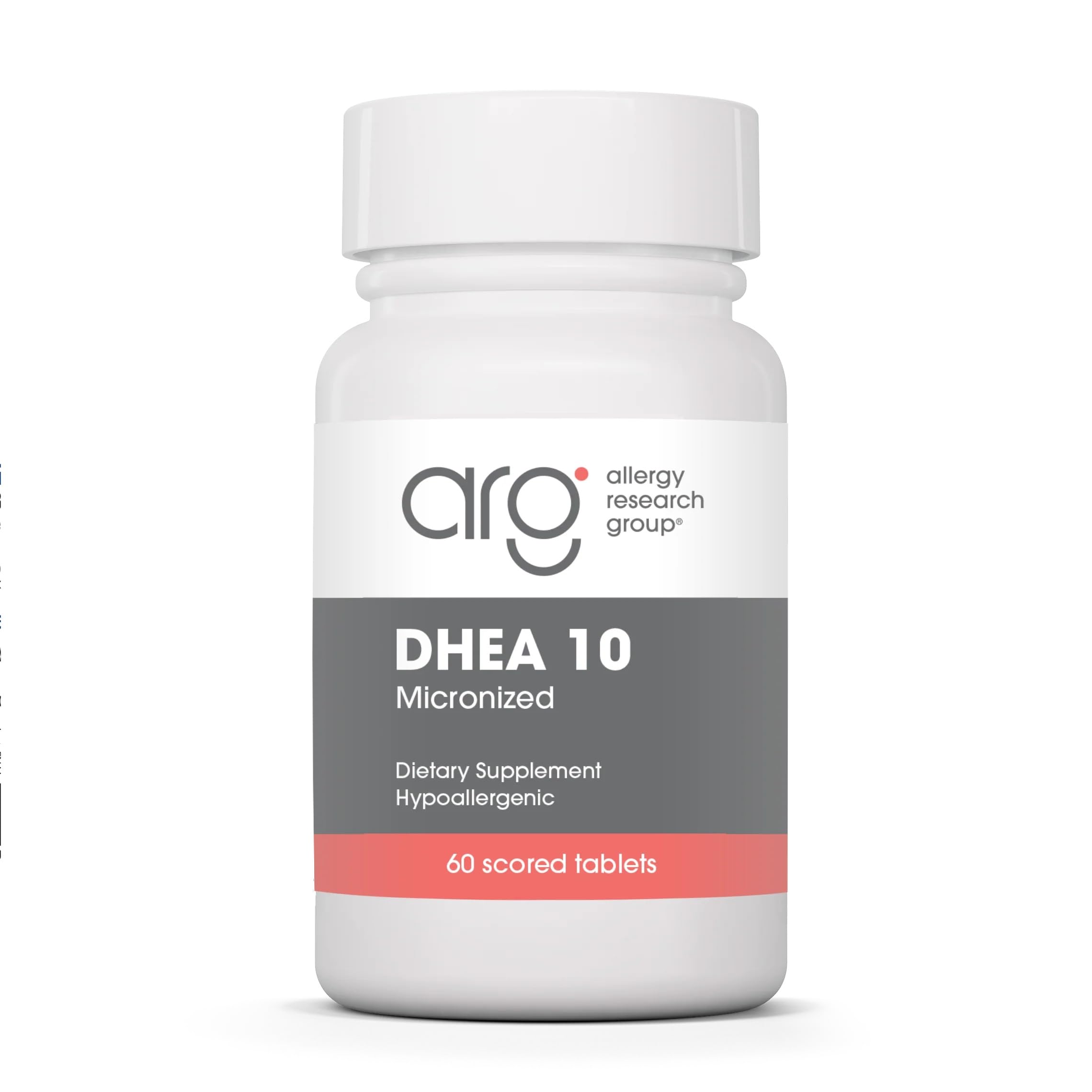 Allergy Research Group frasco frontal del suplemento DHEA 10 mostrando etiqueta clara