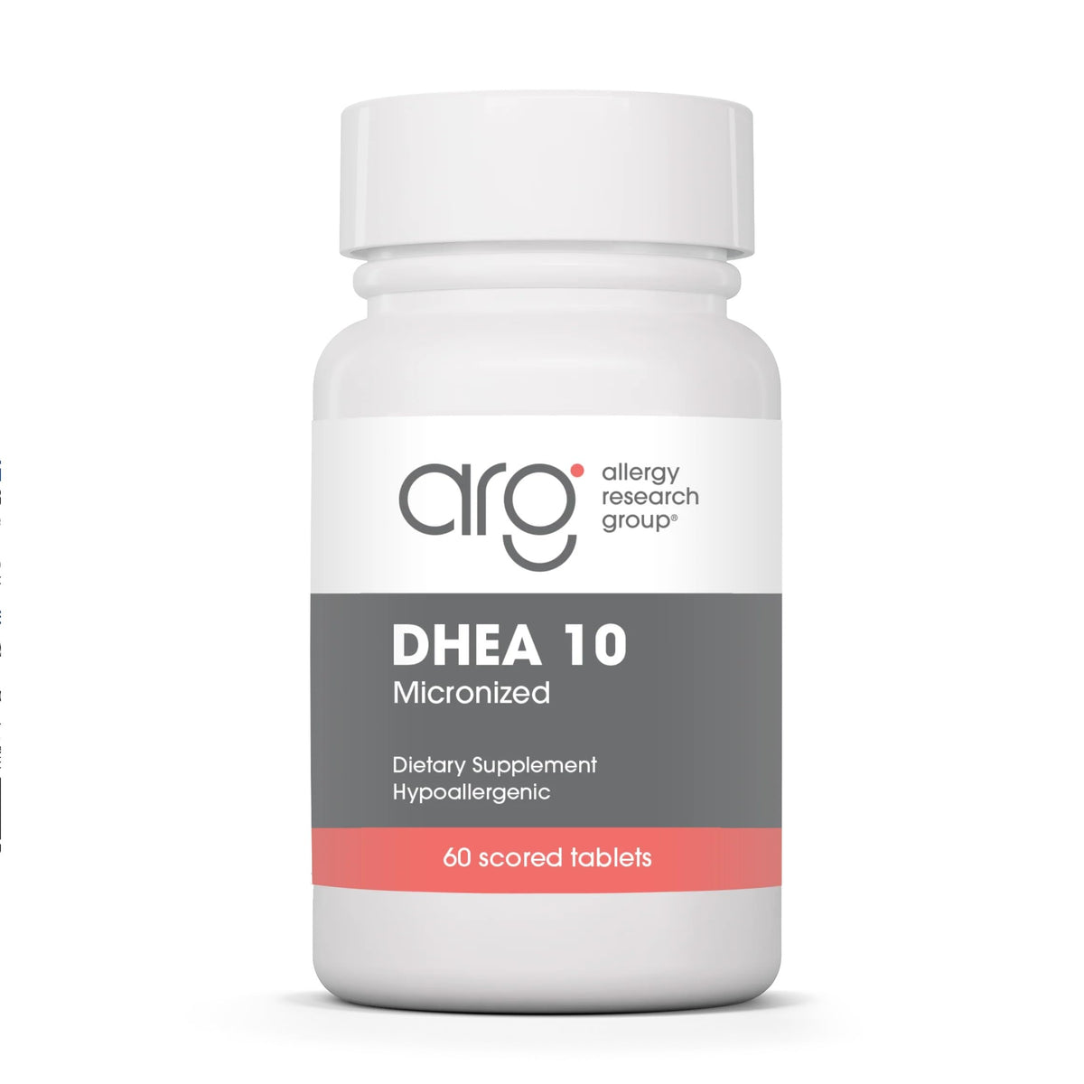 Allergy Research Group frasco frontal del suplemento DHEA 10 mostrando etiqueta clara