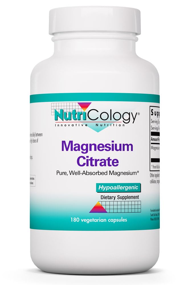 Allergy Research Group botella frontal de NutriCology Magnesium Citrate mostrando envase y cantidad