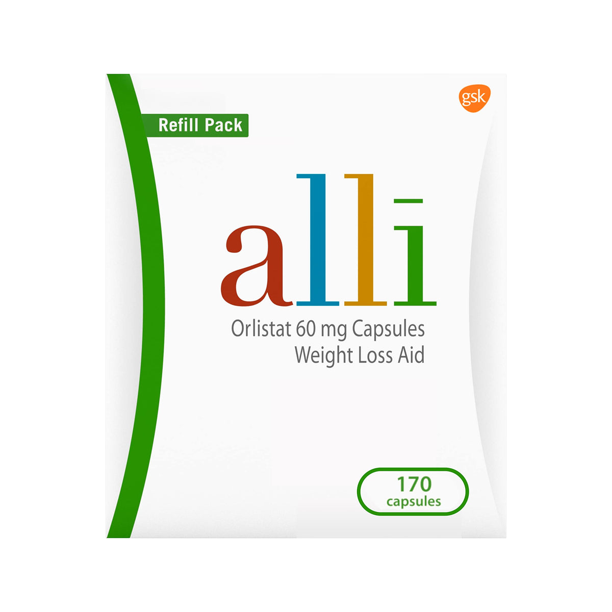 alli frente del empaque mostrando el envase y la marca, conveniencia de recambio