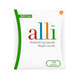 alli frente del empaque mostrando el envase y la marca, conveniencia de recambio