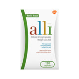 alli envase frontal mostrando el pack de recarga y beneficios