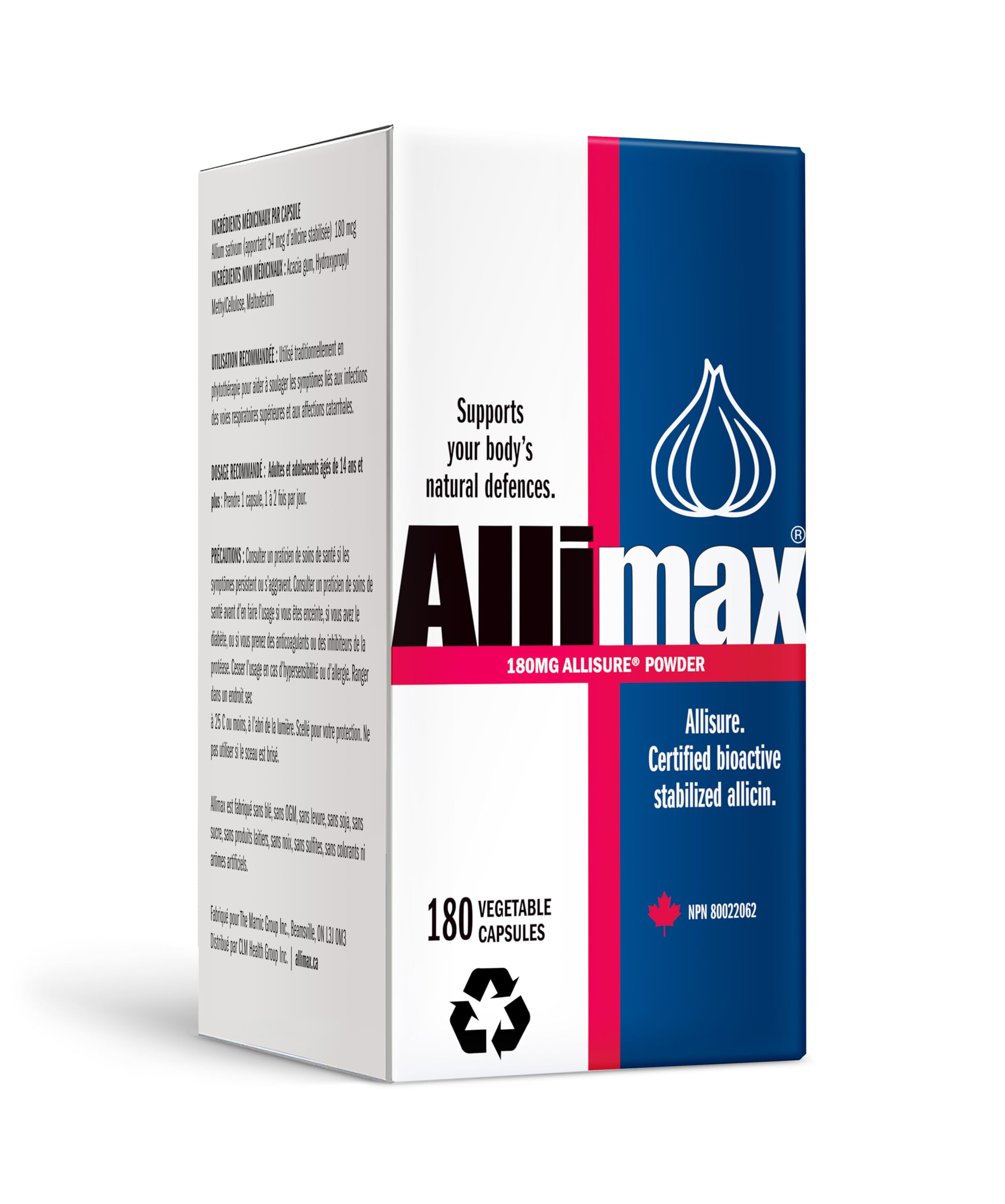 Allimax empaque frontal mostrando la marca y beneficio inmune