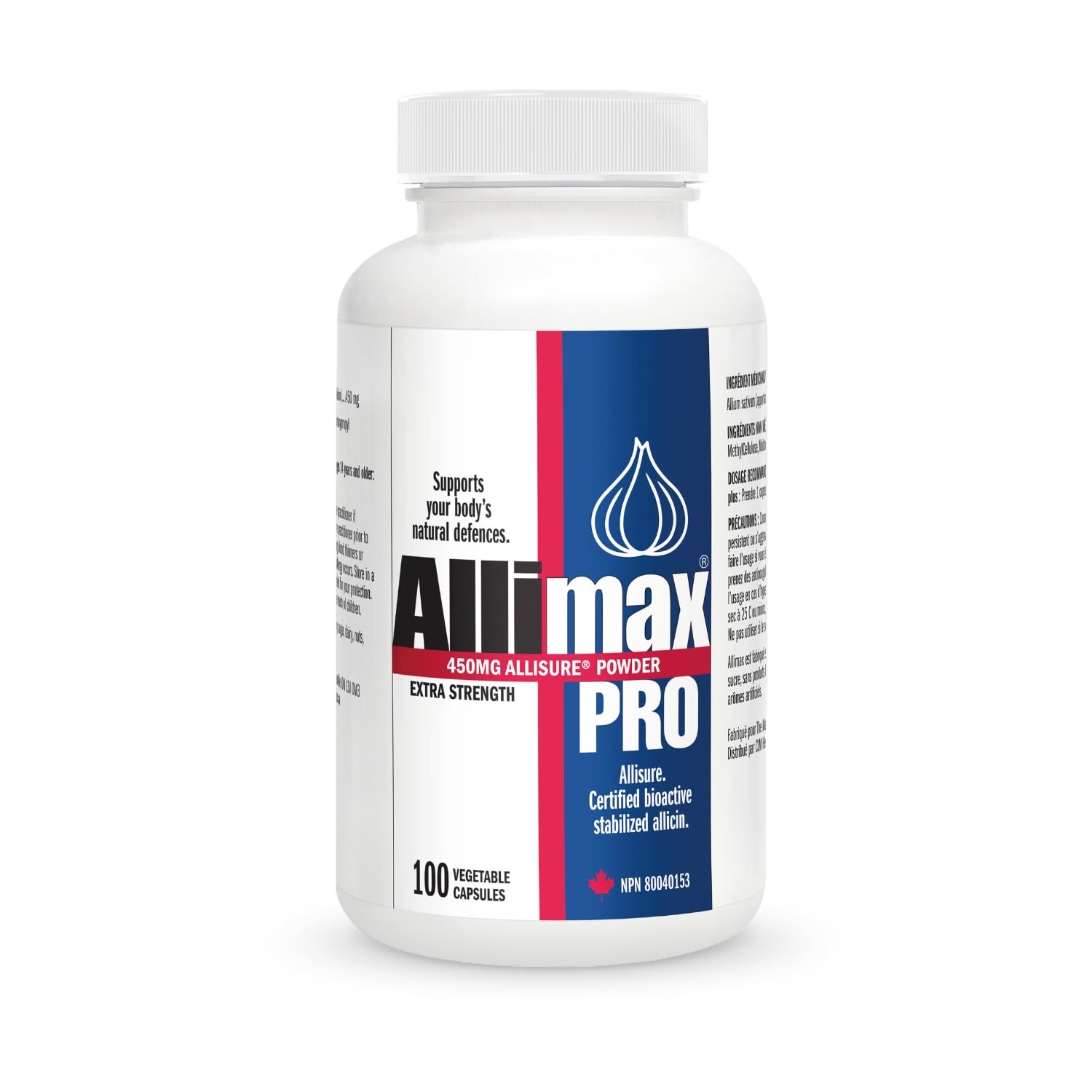 Allimax frasco frontal mostrando etiqueta y beneficio de allicina estabilizada