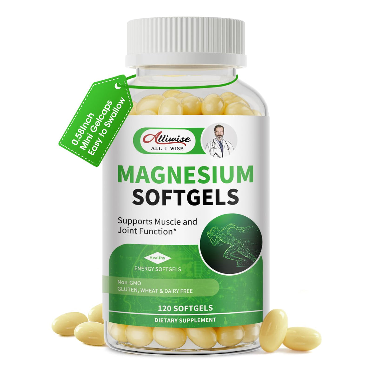 Alliwise bote frontal mostrando Magnesium Glycinate y beneficios de absorción