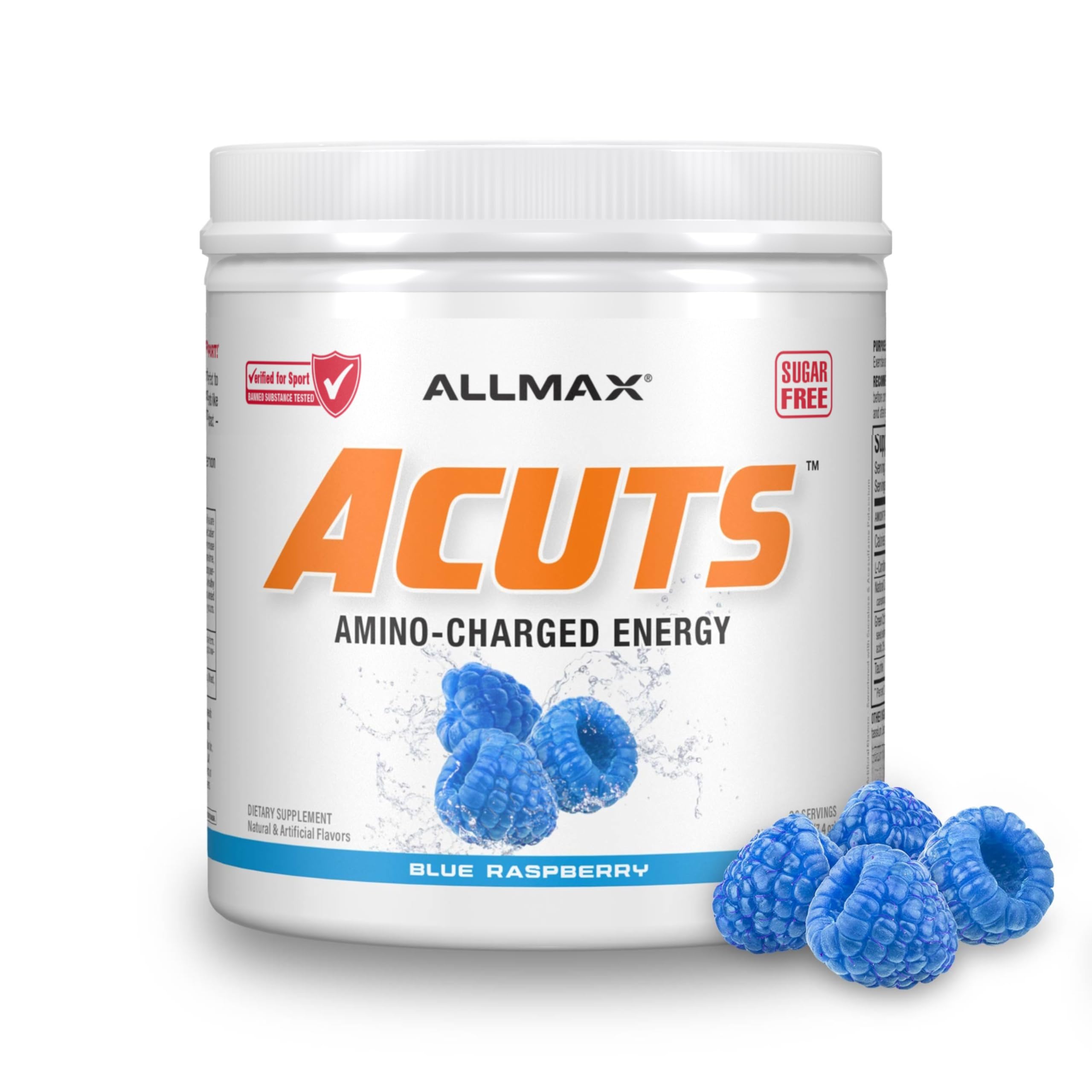ALLMAX envase frontal ACUTS Blue Raspberry mostrando diseño y tamaño