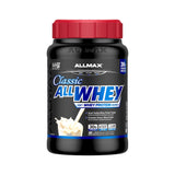 ALLMAX envase AllWhey Classic vainilla mostrando etiqueta y diseño práctico