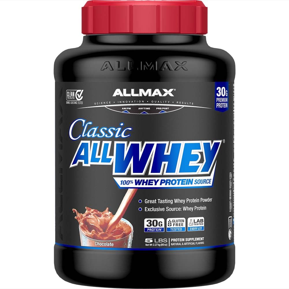 Envase AllWhey Classic 5 lb frente mostrando marca ALLMAX y sabor chocolate