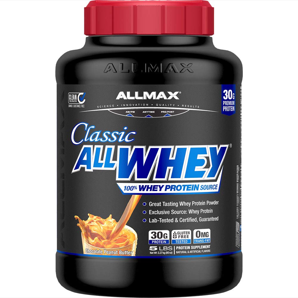 ALLMAX envase AllWhey Classic frontal muestra tamaño y sabor Chocolate Peanut Butter