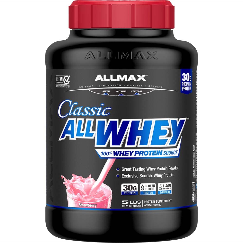 ALLMAX envase frontal AllWhey Classic fresa mostrando tamaño y marca