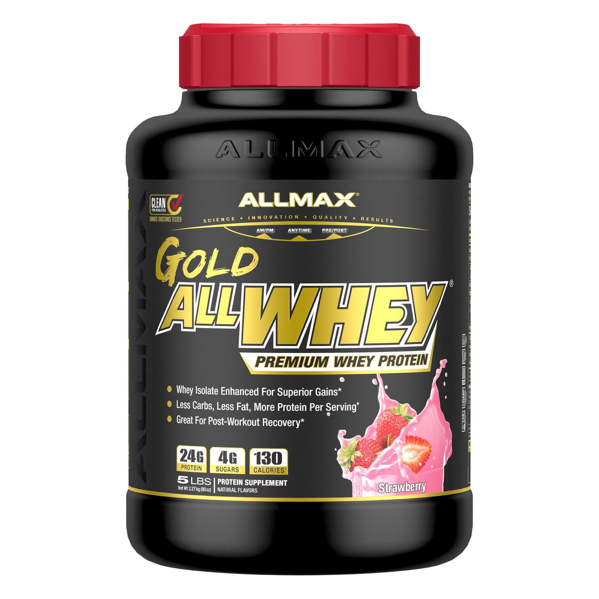 ALLMAX envase AllWhey Gold sabor fresa mostrando etiqueta y beneficio de 24 g proteína