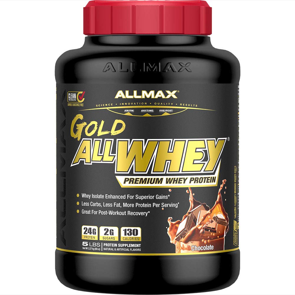 ALLMAX frente del envase mostrando 5 lb y sabor chocolate, ideal para recuperación