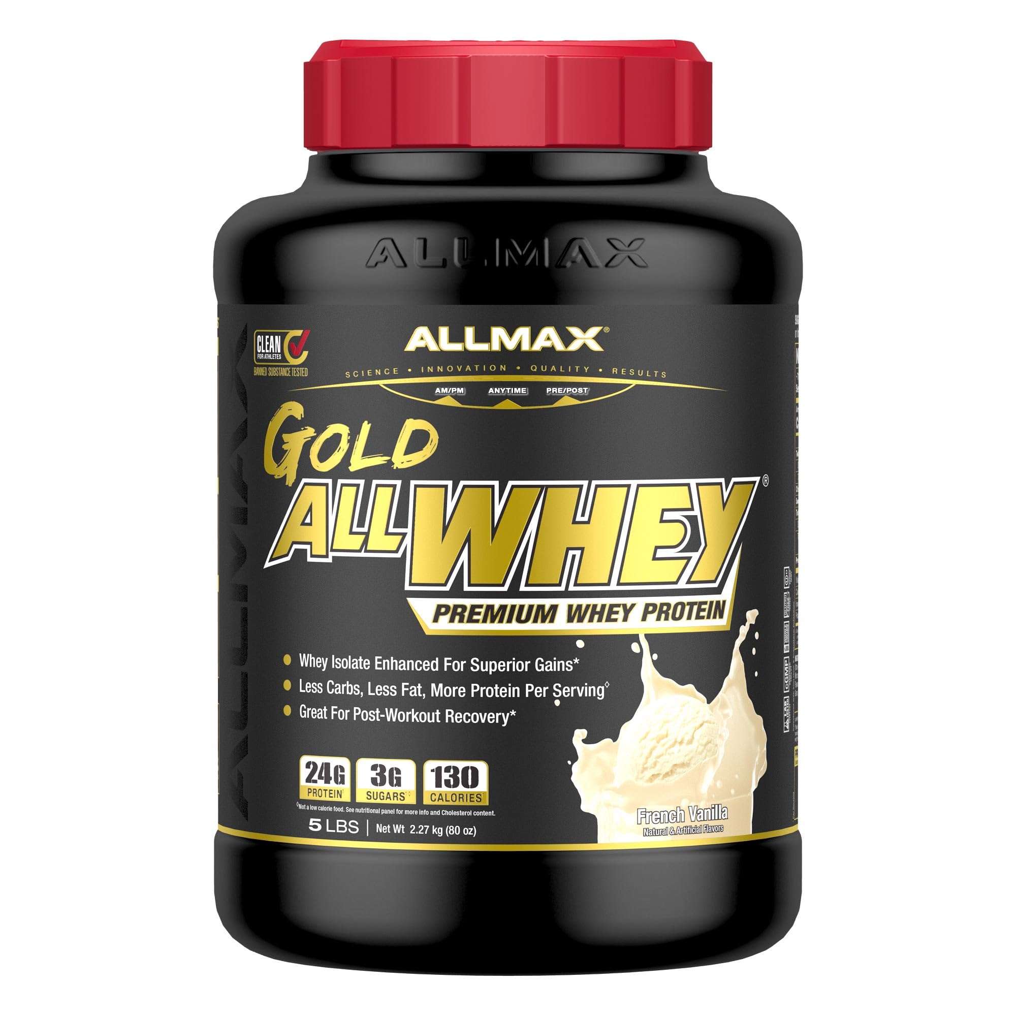 ALLMAX empaque frontal del pot, muestra tamaño y sabor French Vanilla para conveniencia