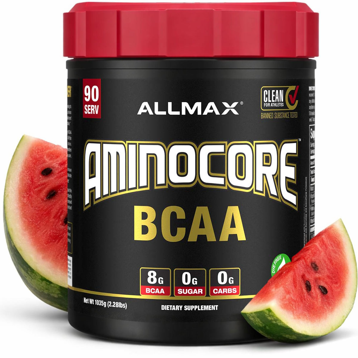ALLMAX envase Aminocore frente mostrando el diseño y cantidad
