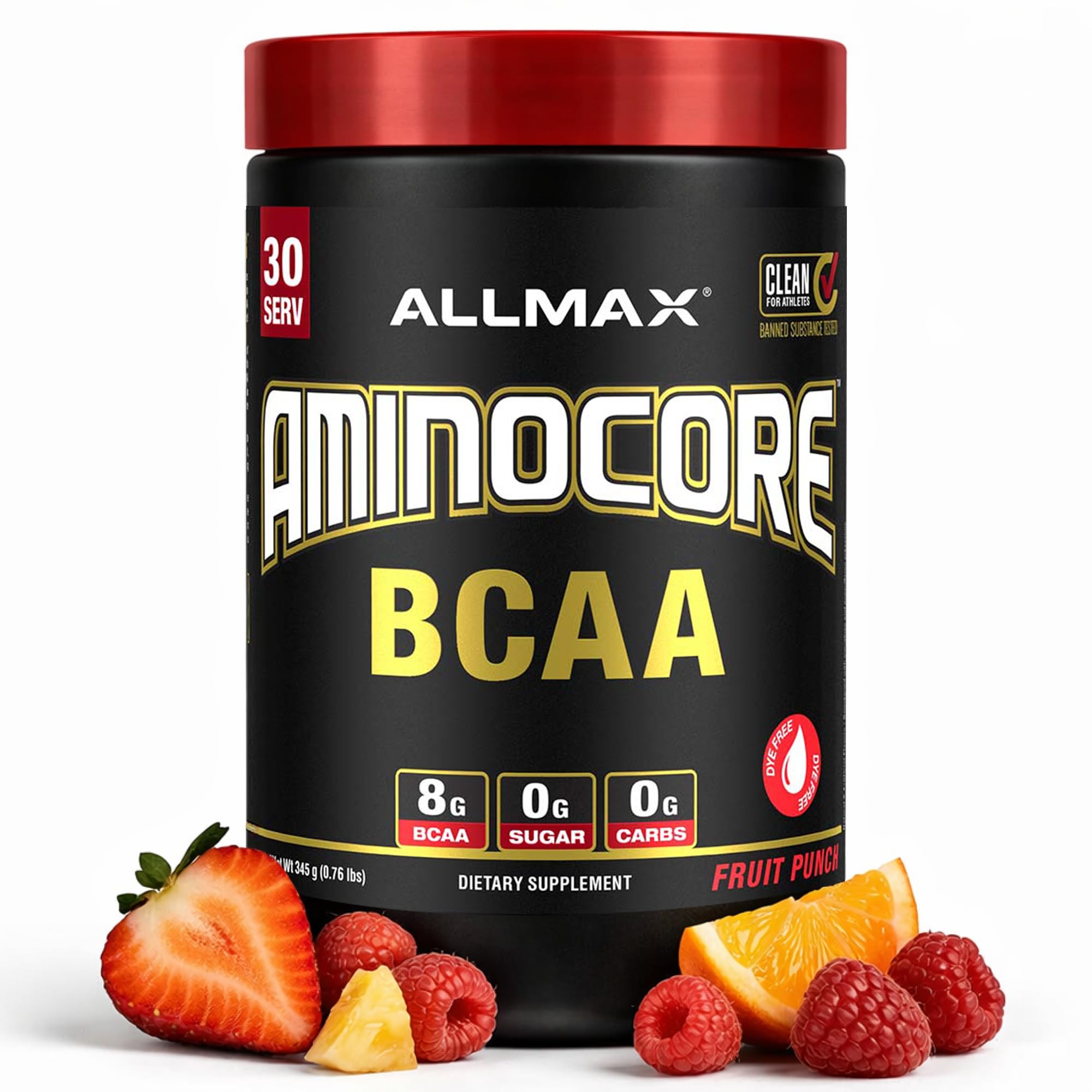 Envase ALLMAX Aminocore Fruit Punch mostrando diseño y facilidad de uso